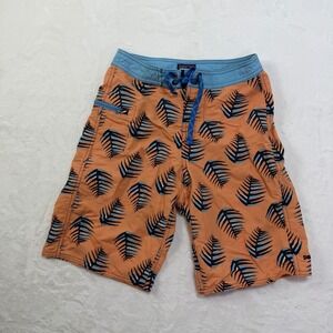 Patagonia Kids Board Shorts Orange Palm Leaf Print Blue Waist